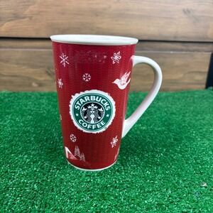 Starbucks Holiday 2008 Coffee Tall Mug 16oz Red White Tree Deer Snowflakes‎